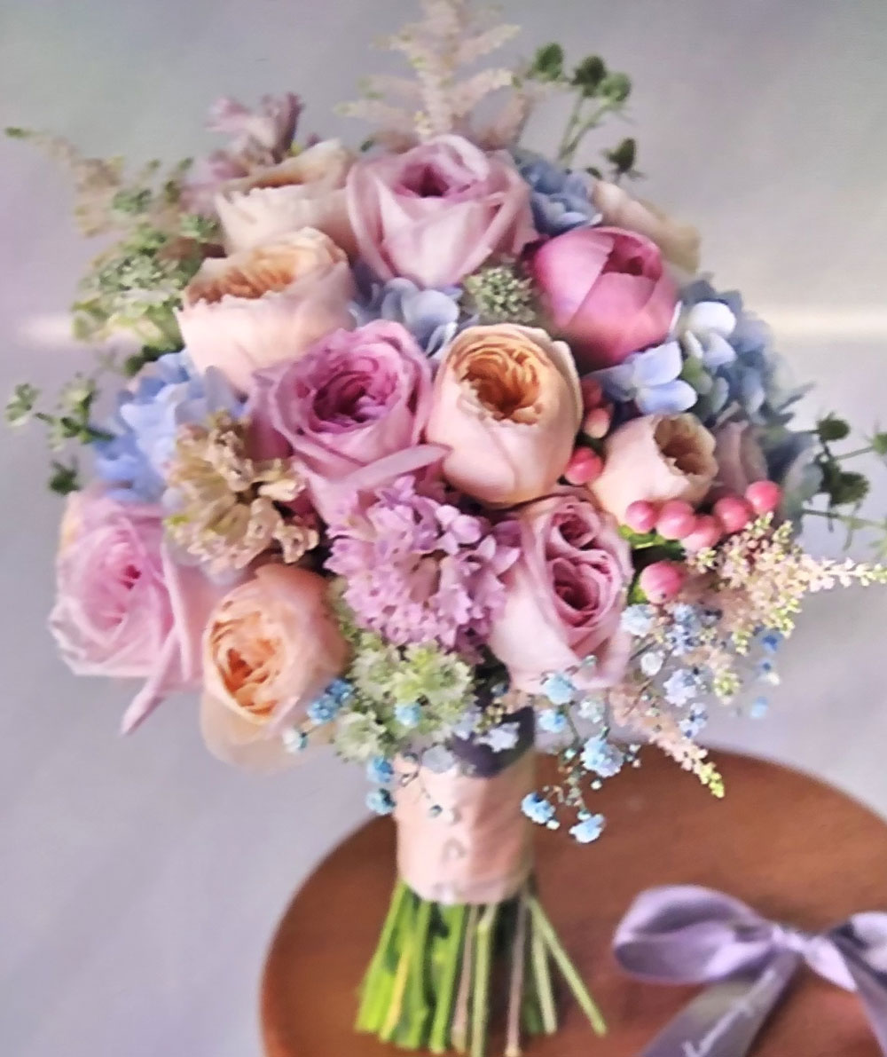 bouquet of lavender, coral and violet blue flowers, floral design by Wendy Paramore